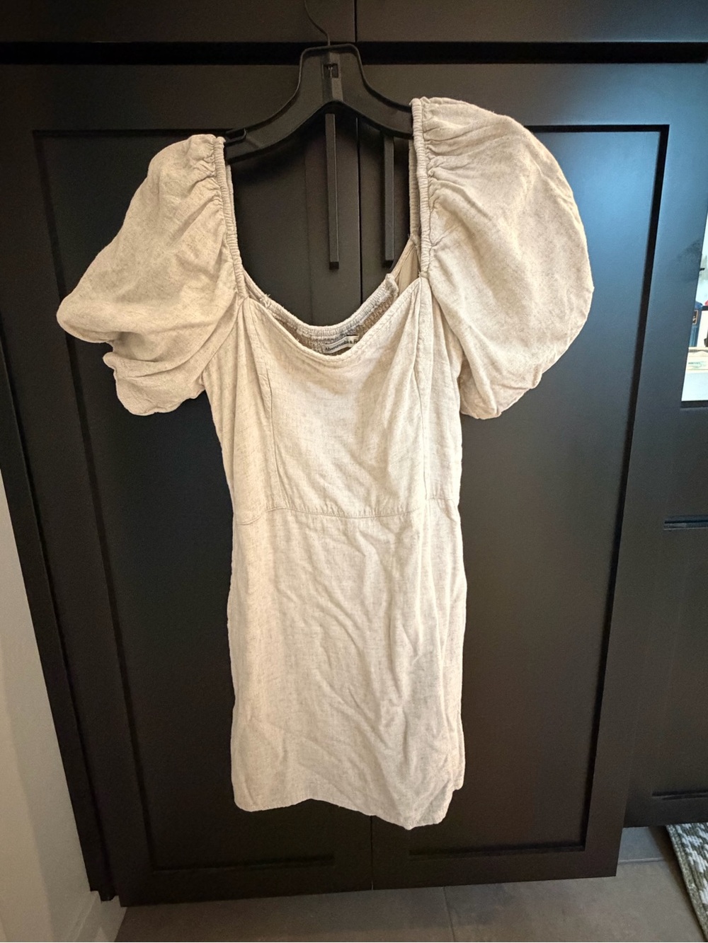 Abercrombie & Fitch Puff-Sleeve Square Neck Mini Dress in Light Beige